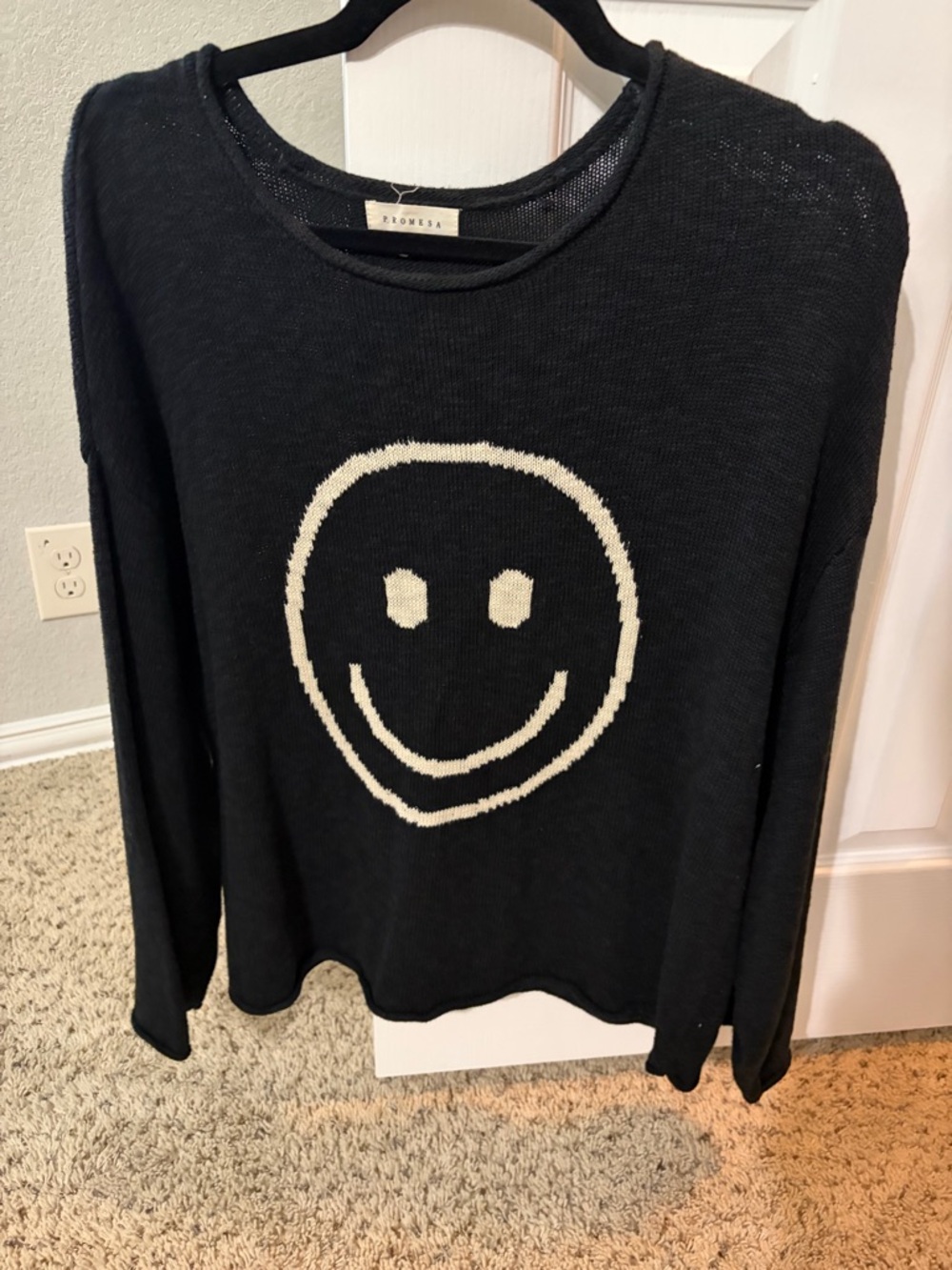 Promesa Black Crewneck Sweater with Cream Smiley Face